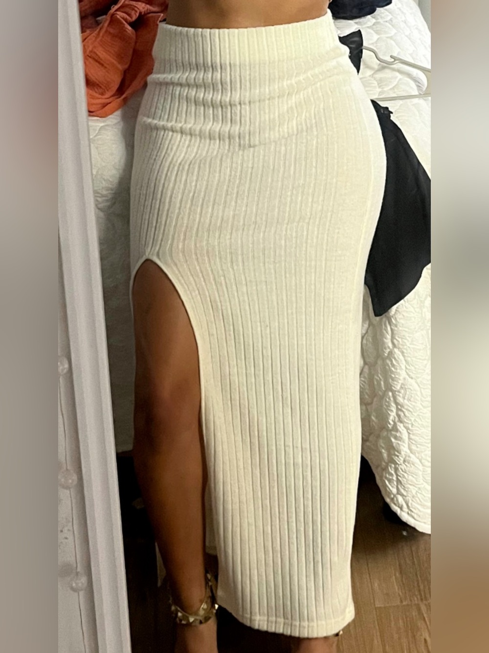 Urban Outfitters Cream Ribbed Midi Skirt with High Side Slit